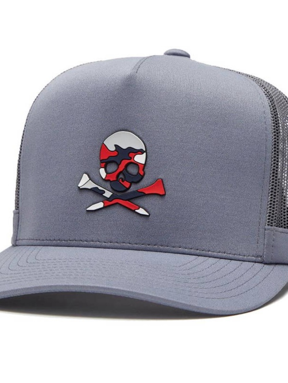 G/FORE Gray Trucker Cap with Red & White Skull Patch